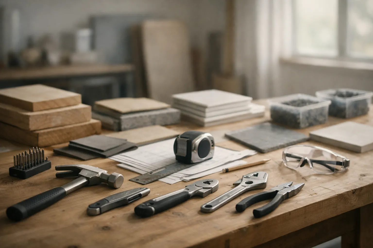 Organized locksmith workspace with key blanks, lock cylinders, and a key-cutting machine